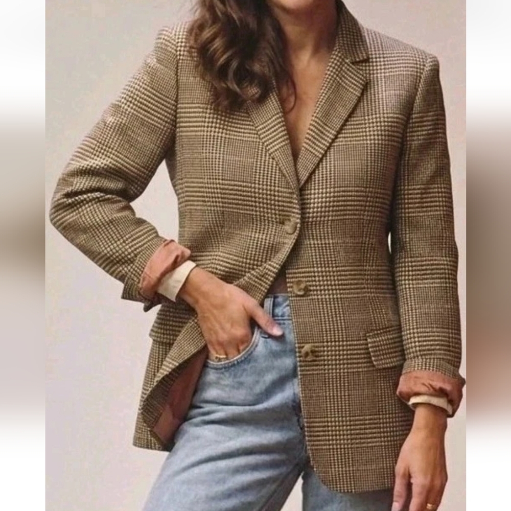 Vintage Ann Taylor Petites Houndstooth Blazer Jacket 8P Wool Silk Linen Blend